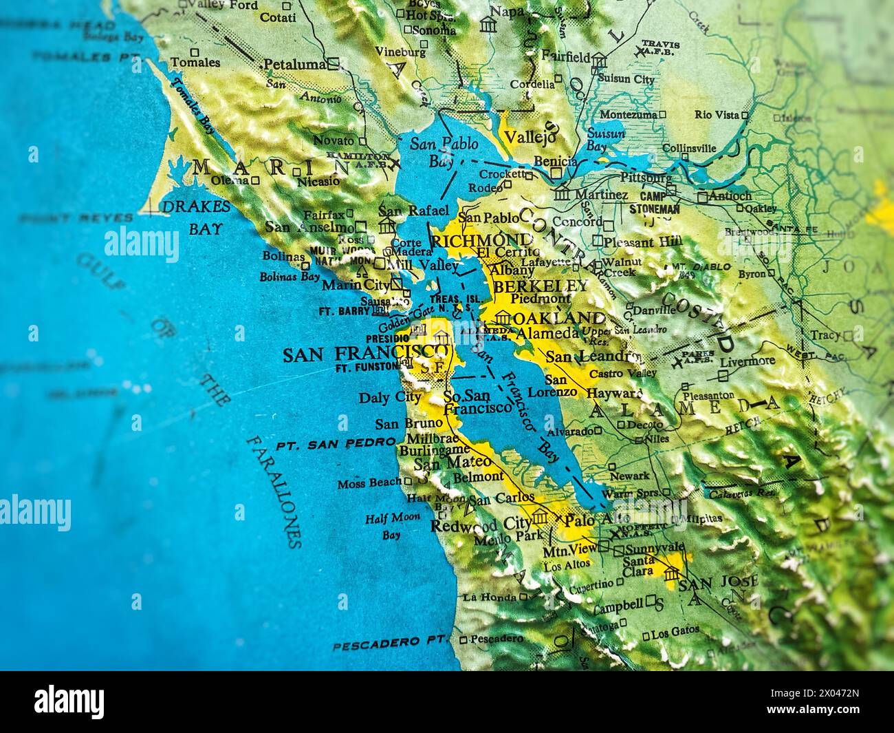 Map of San Francisco and the Bay Area of California, retro vintage raised-relief map of northern California, United States Stock Photo