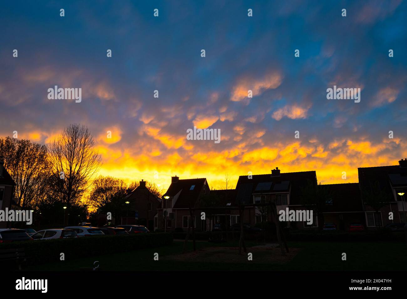 Mammatus clouds are colourfully illuminated by the setting sun as the Cumulonimbus storm cloud moves away. Stock Photo