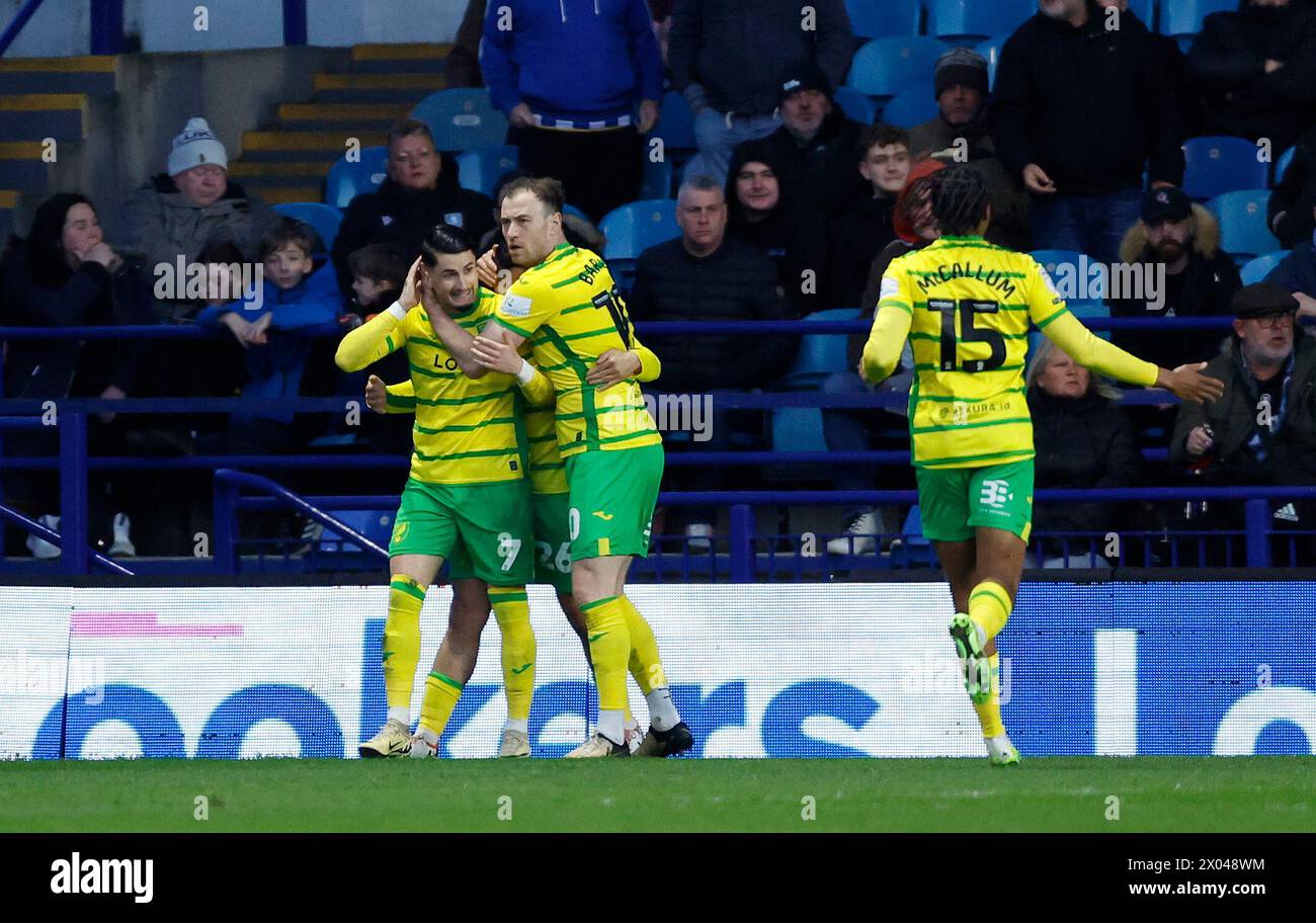 Norwich City's Borja Sainz (left) celebrates with team-mates after scoring their side's second goal of the game during the Sky Bet Championship match at Hillsborough Stadium, Sheffield. Picture date: Tuesday April 9, 2024. Stock Photo
