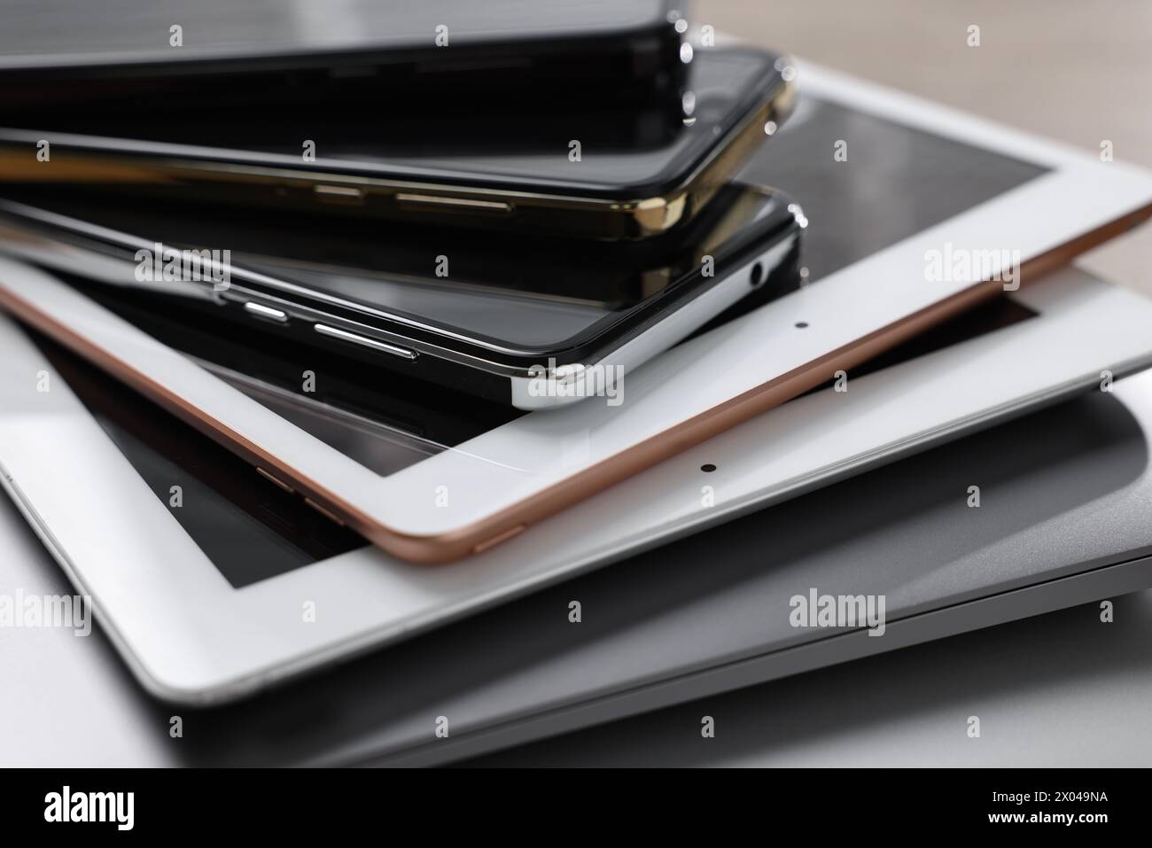 Many different modern gadgets on table, closeup Stock Photo