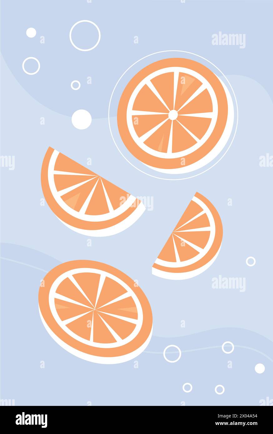 Half and slice orange fruit vertical banner. Tropical summer fruit flat hand drawn vector illustration Stock Vector