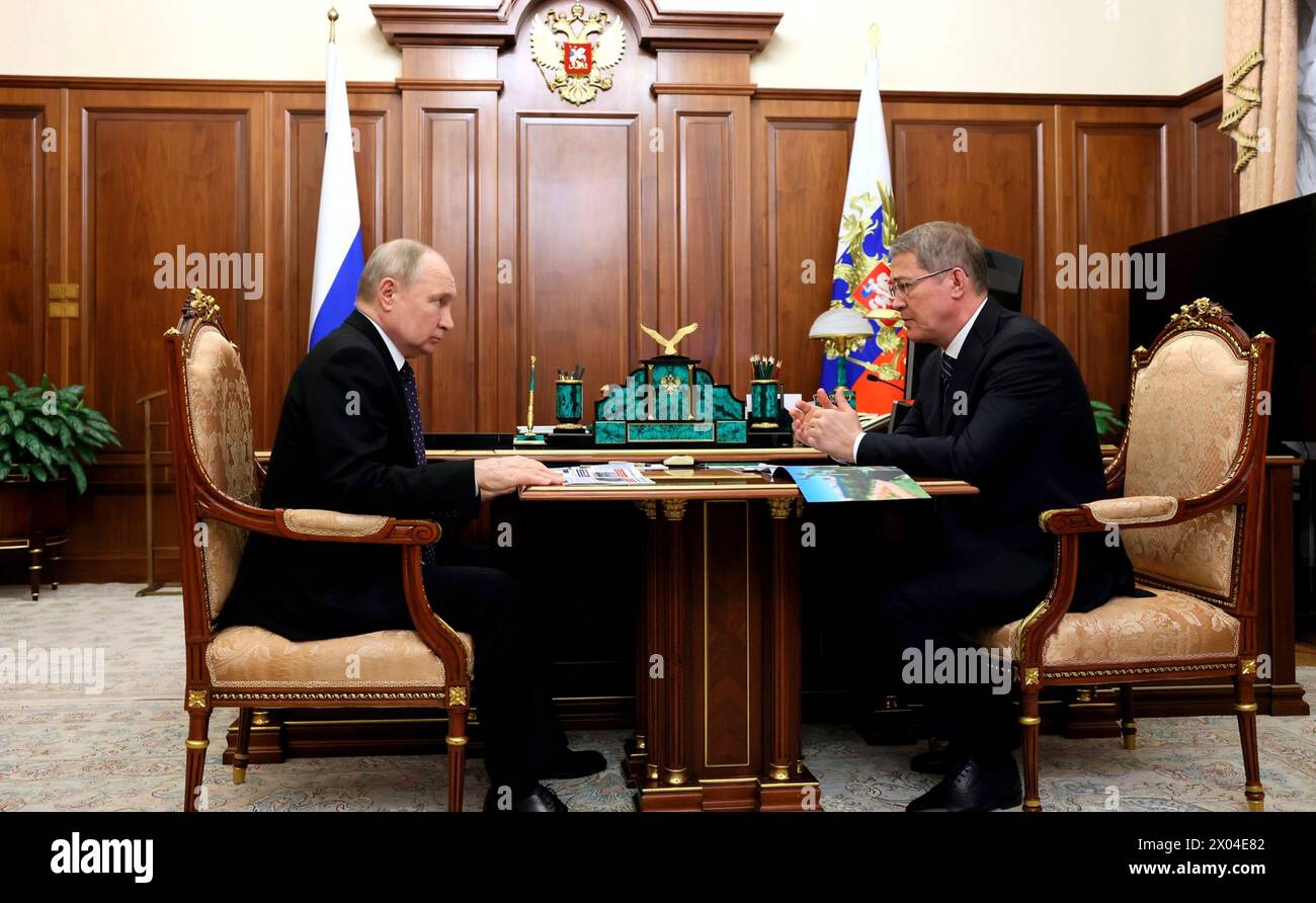 Moscow, Russia. 09th Apr, 2024. Russian President Vladimir Putin, left, listens to Bashkiria Leader Radiy Khabirov, right, during a face-to-face meeting at the Kremlin, April 9, 2024 in Moscow, Russia. Credit: Gavriil Grigorov/Kremlin Pool/Alamy Live News Stock Photo