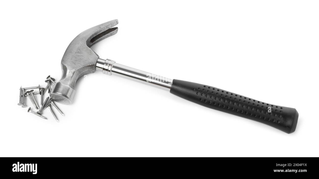 Hammer and metal nails isolated on white Stock Photo - Alamy