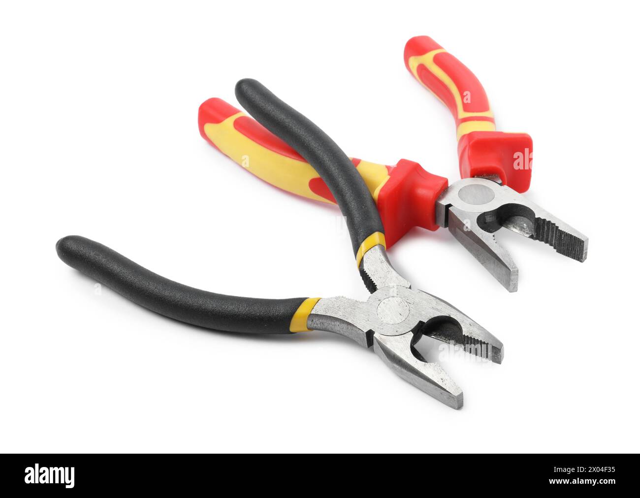 Different pliers isolated on white. Construction tool Stock Photo