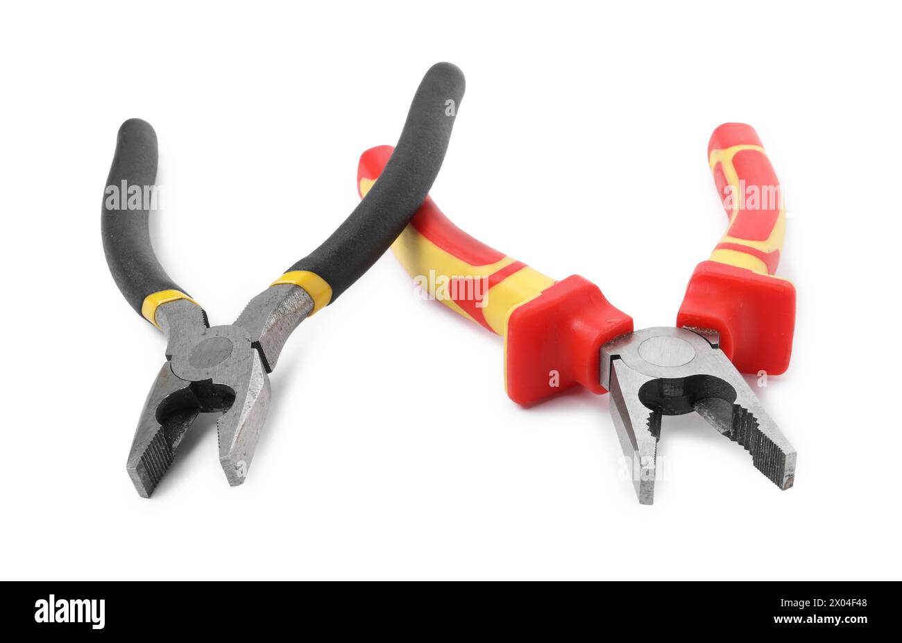 Different pliers isolated on white. Construction tool Stock Photo