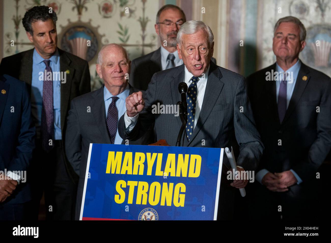 United States Representative Steny Hoyer (Democrat of Maryland) offers remarks during a press conference following a meeting to discuss the federal response to the Francis Scott Key Bridge collapse in Maryland, at the United States Capitol in Washington, DC, Tuesday, April 9, 2024. Credit: Rod Lamkey/CNP Stock Photo