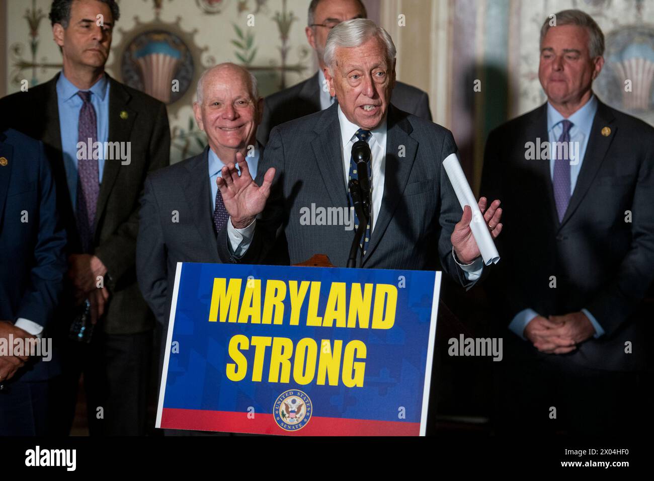 United States Representative Steny Hoyer (Democrat of Maryland) offers remarks during a press conference following a meeting to discuss the federal response to the Francis Scott Key Bridge collapse in Maryland, at the United States Capitol in Washington, DC, Tuesday, April 9, 2024. Credit: Rod Lamkey/CNP Stock Photo