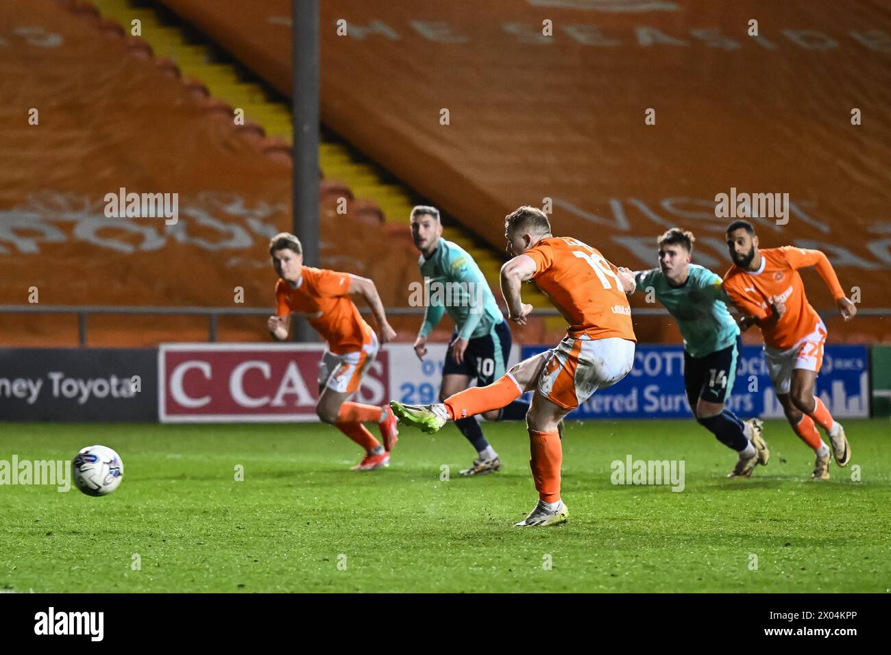 Shayne Lavery of Blackpool penalty is saved by Jay Lynch of Fleetwood Town during the Sky Bet League 1 match Blackpool vs Fleetwood Town at Bloomfield Road, Blackpool, United Kingdom, 9th April 2024  (Photo by Craig Thomas/News Images) Stock Photo