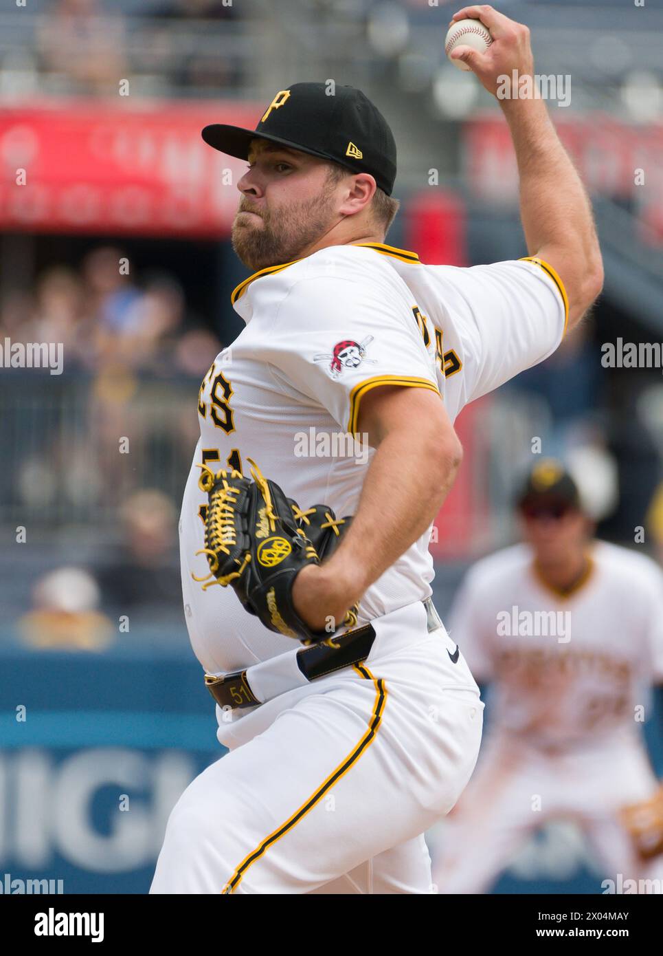 Pittsburgh, United States. 09th Apr, 2024. Pittsburgh Pirates pitcher David Bednar (51) throws in the ninth inning allowing four runs in the Tigers 5-3 win against the Pittsburgh Pirates at PNC Park on Tuesday April 9, 2024 in Pittsburgh. Photo by Archie Carpenter/UPI Credit: UPI/Alamy Live News Stock Photo