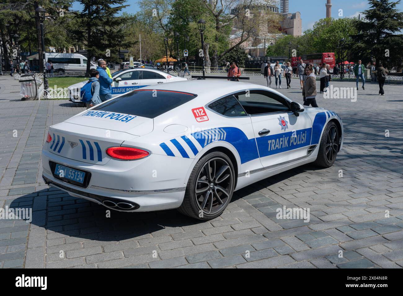 ISTANBUL, TURKEY - APRIL 7, 2024: Bentley Luxury Police Car parked in Sultanahmet square. Bentley seized from Turkish criminal organizations became po Stock Photo