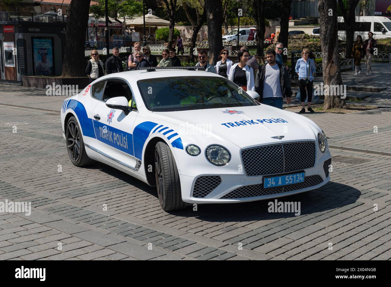 ISTANBUL, TURKEY - APRIL 7, 2024: Bentley Luxury Police Car parked in Sultanahmet square. Bentley seized from Turkish criminal organizations became po Stock Photo