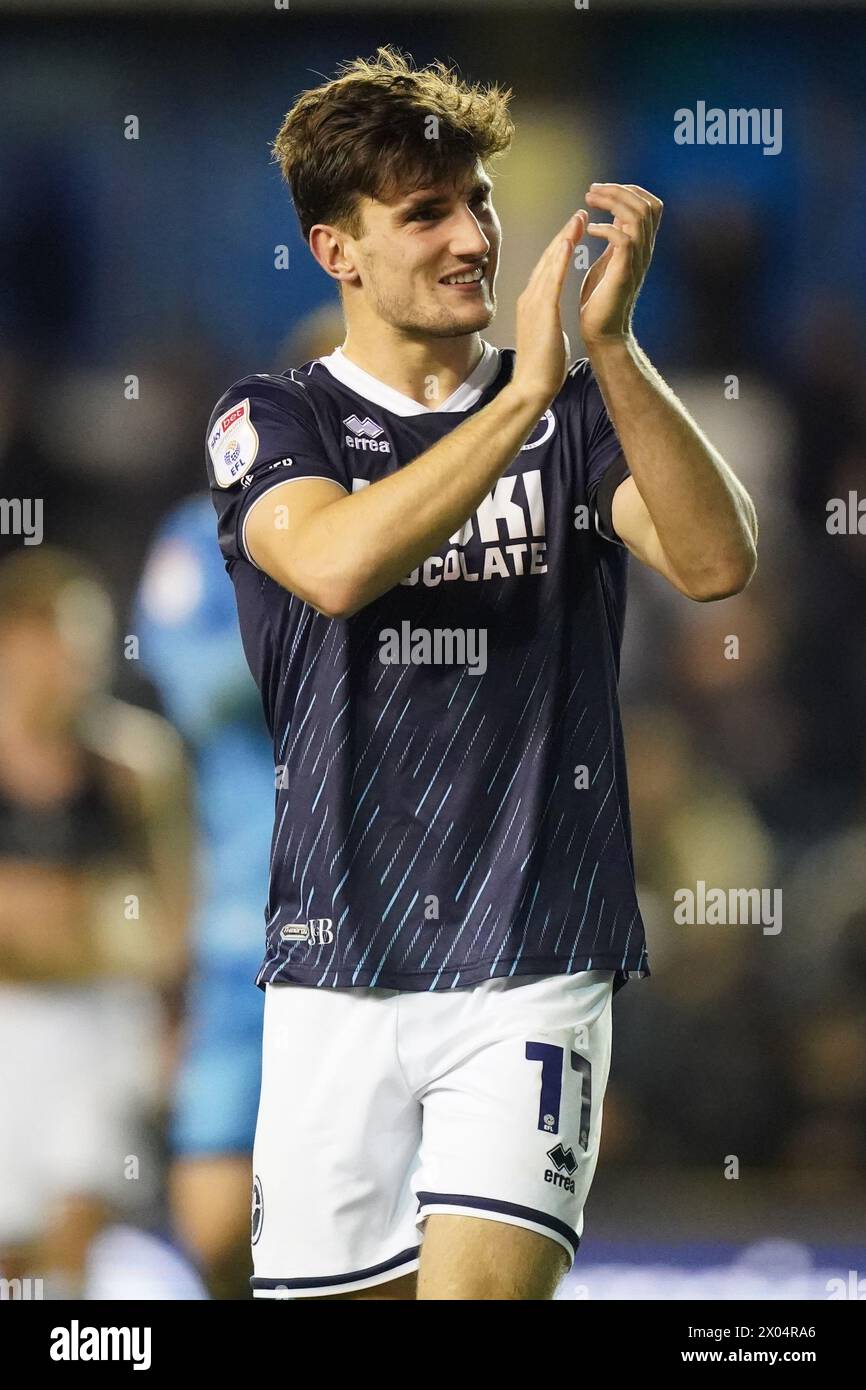 London, UK. 09th Apr, 2024. Ryan Longman of Millwall clapping the fans after the Millwall FC v Leicester City FC sky bet EFL Championship match at The Den, London, England, United Kingdom on 9 April 2024 Credit: Every Second Media/Alamy Live News Stock Photo