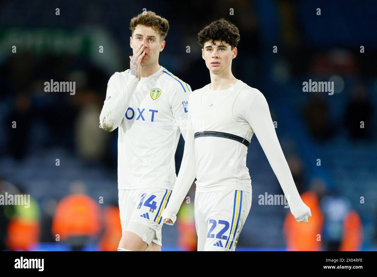 Leeds United's Joe Rodon (left) and Leeds United's Archie Gray ...