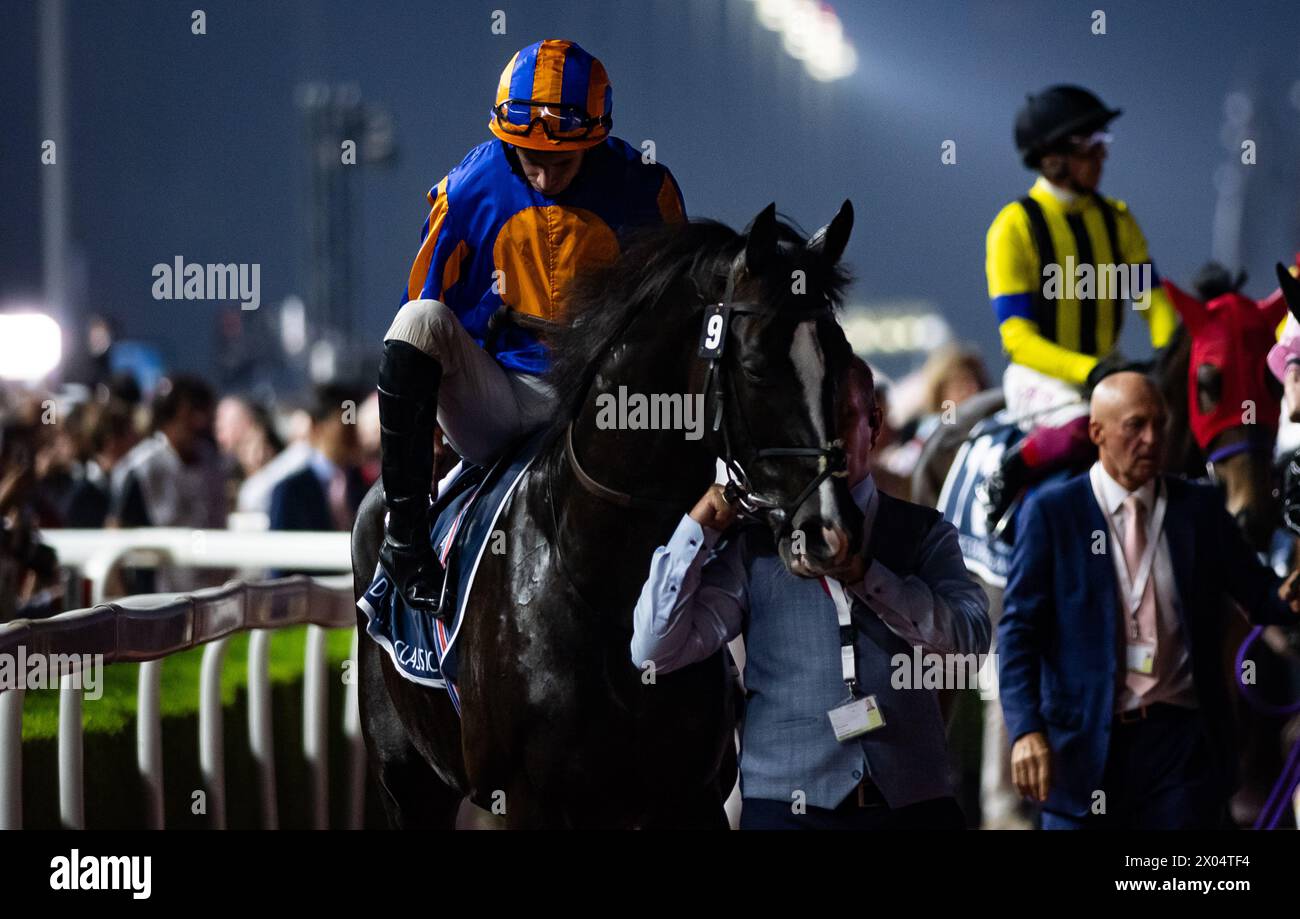 Auguste Rodin and jockey Ryan Moore head to the start for the Longines Sheema Classic, 30/03/24, Meydan Racecourse. Credit JTW Equine Images / Alamy. Stock Photo