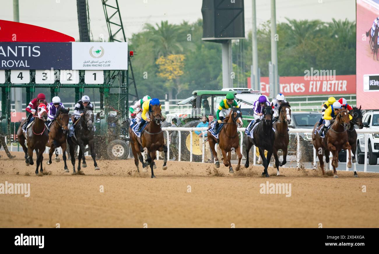 The field for the 2024 Group 2 UAE Derby begin the race at Meydan