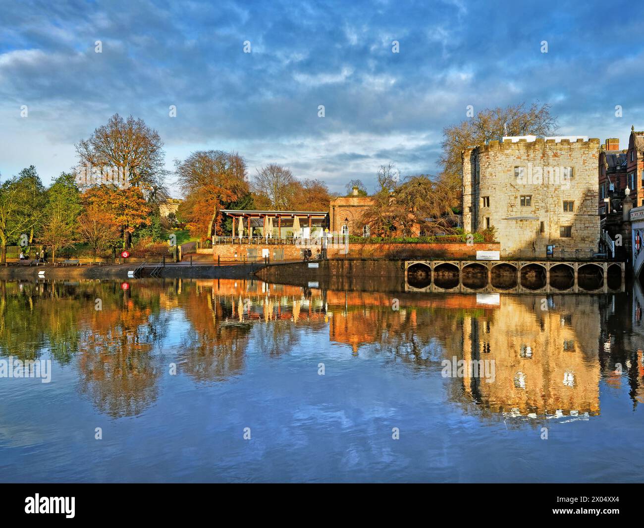 UK, North Yorkshire, York, Museum Gardens, Lendal Tower and River Ouse. Stock Photo
