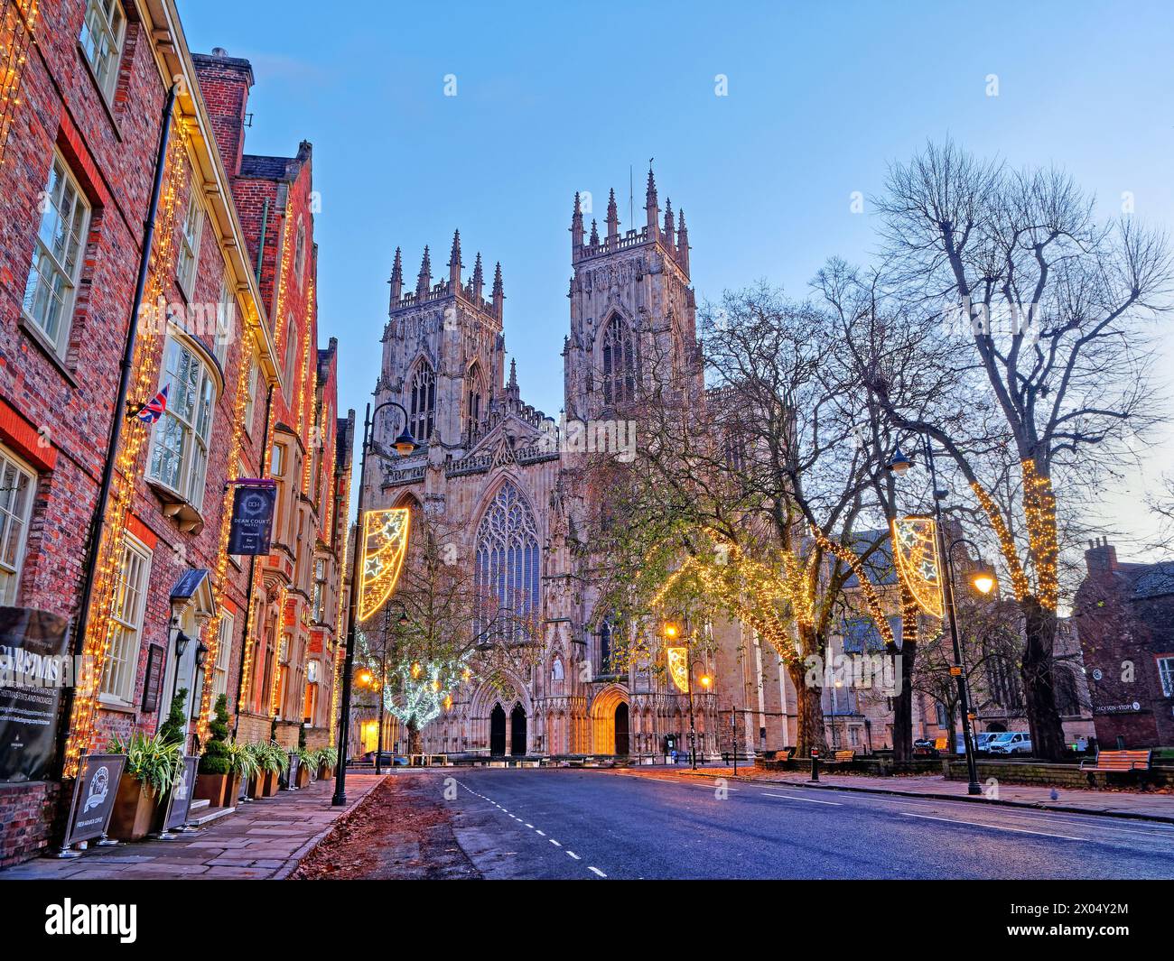 UK, North Yorkshire, York, West Towers and West Face of York Minster from Duncombe Place. Stock Photo
