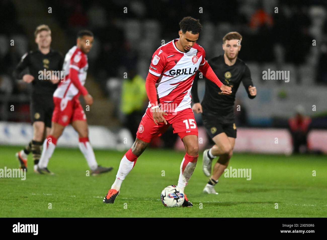 Terence Vancooten (15 Stevenage) controls the ball during the Sky Bet League 1 match between Stevenage and Barnsley at the Lamex Stadium, Stevenage on Tuesday 9th April 2024. (Photo: Kevin Hodgson | MI News) Credit: MI News & Sport /Alamy Live News Stock Photo