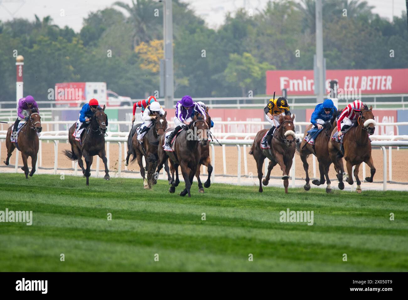 Tower of London and Ryan Moore win the 2024 renewal of the G2 Dubai Gold Cup for trainer Aidan O'Brien, 30/03/24. Credit JTW Equine Images / Alamy. Stock Photo