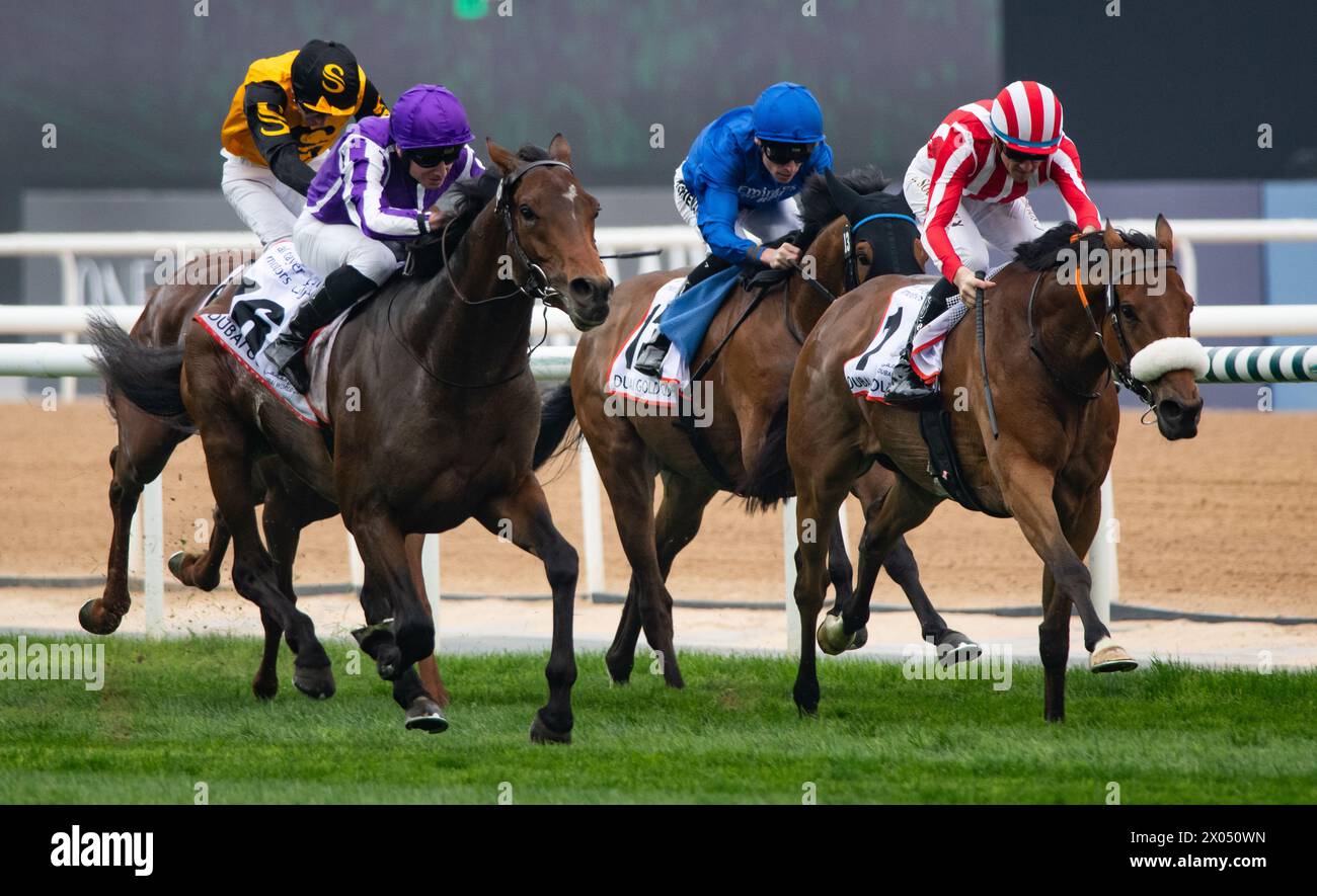 Tower of London and Ryan Moore win the 2024 renewal of the G2 Dubai Gold Cup for trainer Aidan O'Brien, 30/03/24. Credit JTW Equine Images / Alamy. Stock Photo