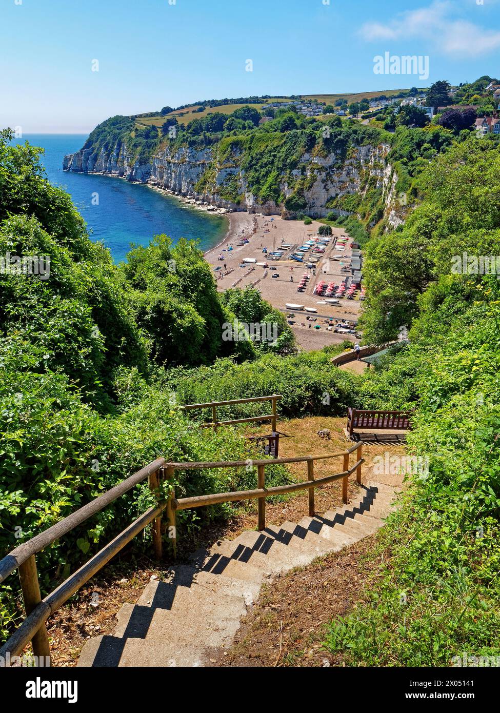 UK, Devon, South West Coast Path view overlooking Beer Beach towards Beer Head. Stock Photo