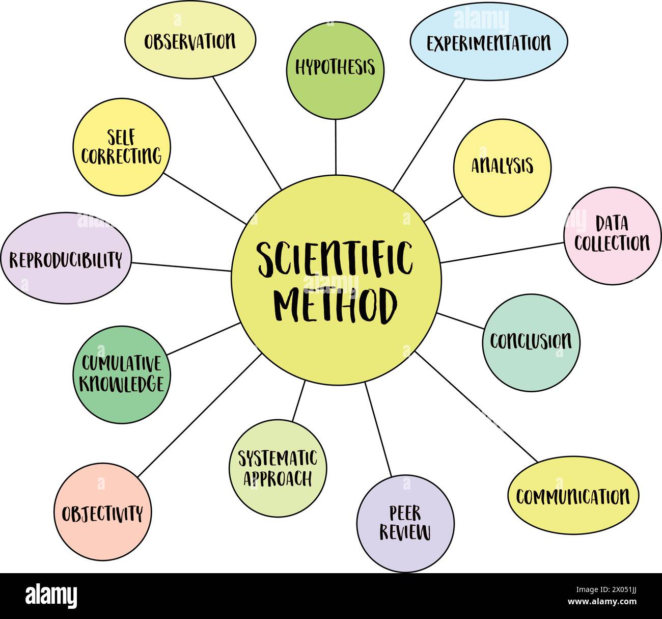 scientific method infographics or mind map vector sketch, science and research concept Stock Vector