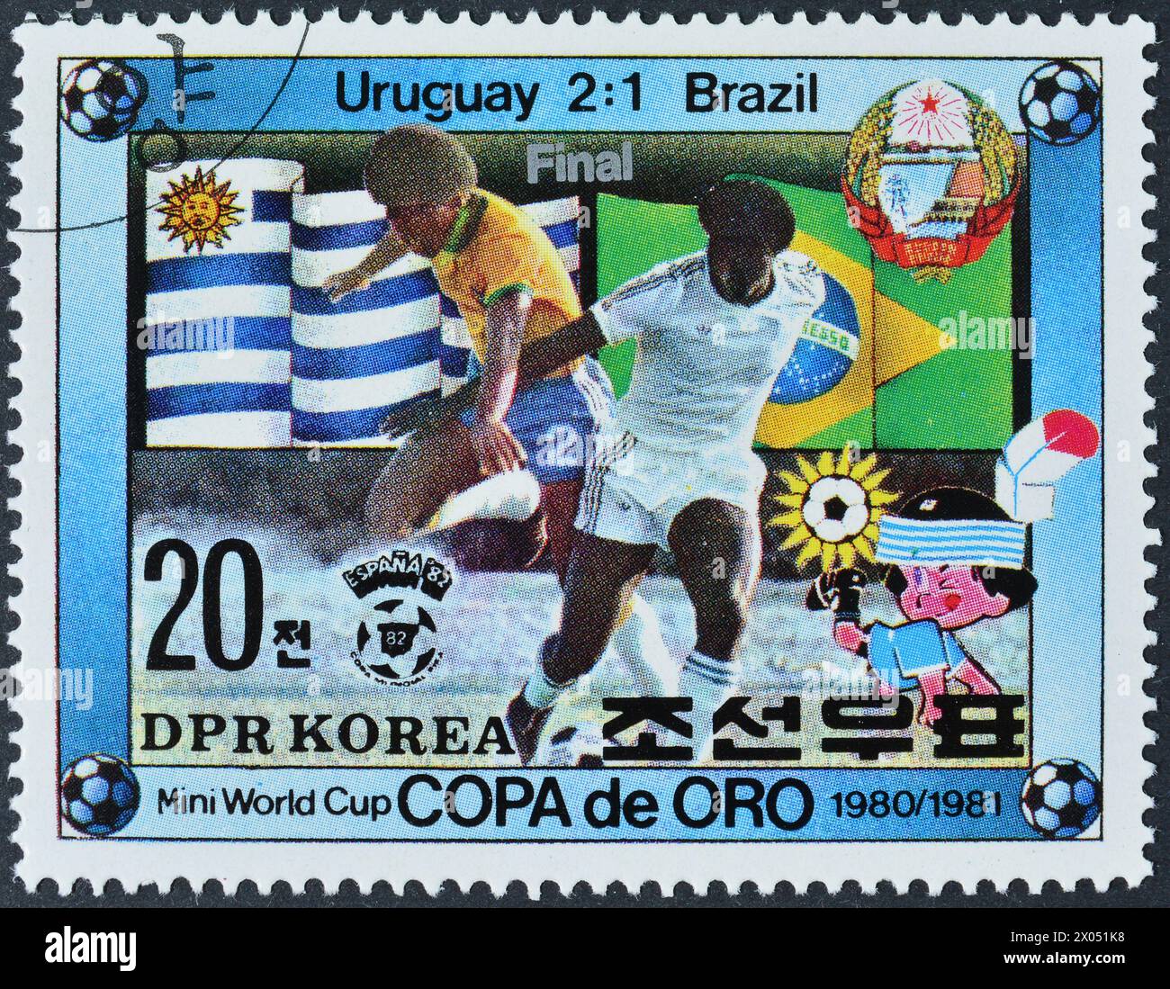 Cancelled postage stamp printed by North Korea, that promotes Football Championship Copa de Oro, Uruguay 19801981, circa 1981. Stock Photo
