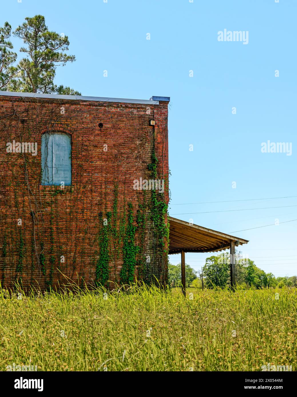 Boarded up old historic storefront building on the edge of a vacant field.  Vintage brick business in rural Pike Road Alabama, USA. Stock Photo
