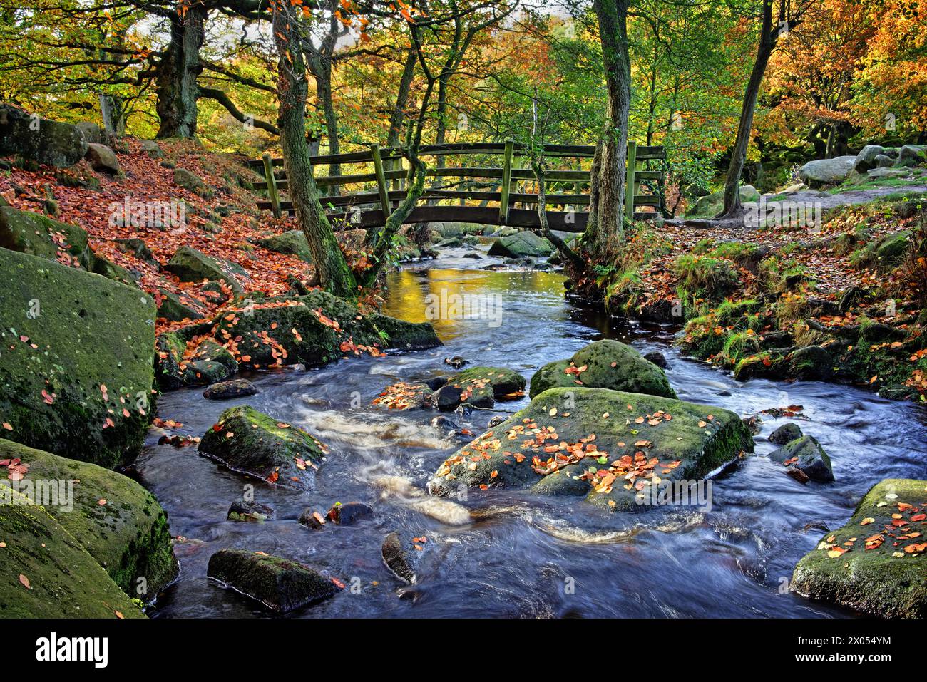 UK Derbyshire Peak District Padley Gorge Waterfalls And Footbridge UK Derbyshire Peak District Padley Gorge Waterfalls And Footbridge