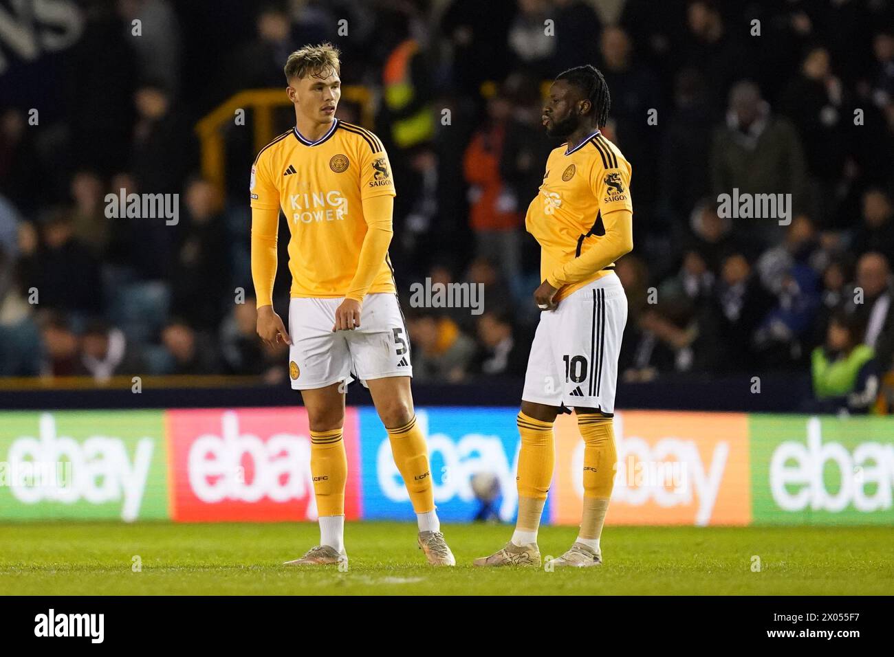 London, UK. 09th Apr, 2024. Callum Doyle of Leicester City and Stephy Mavididi of Leicester City during the Millwall FC v Leicester City FC sky bet EFL Championship match at The Den, London, England, United Kingdom on 9 April 2024 Credit: Every Second Media/Alamy Live News Stock Photo