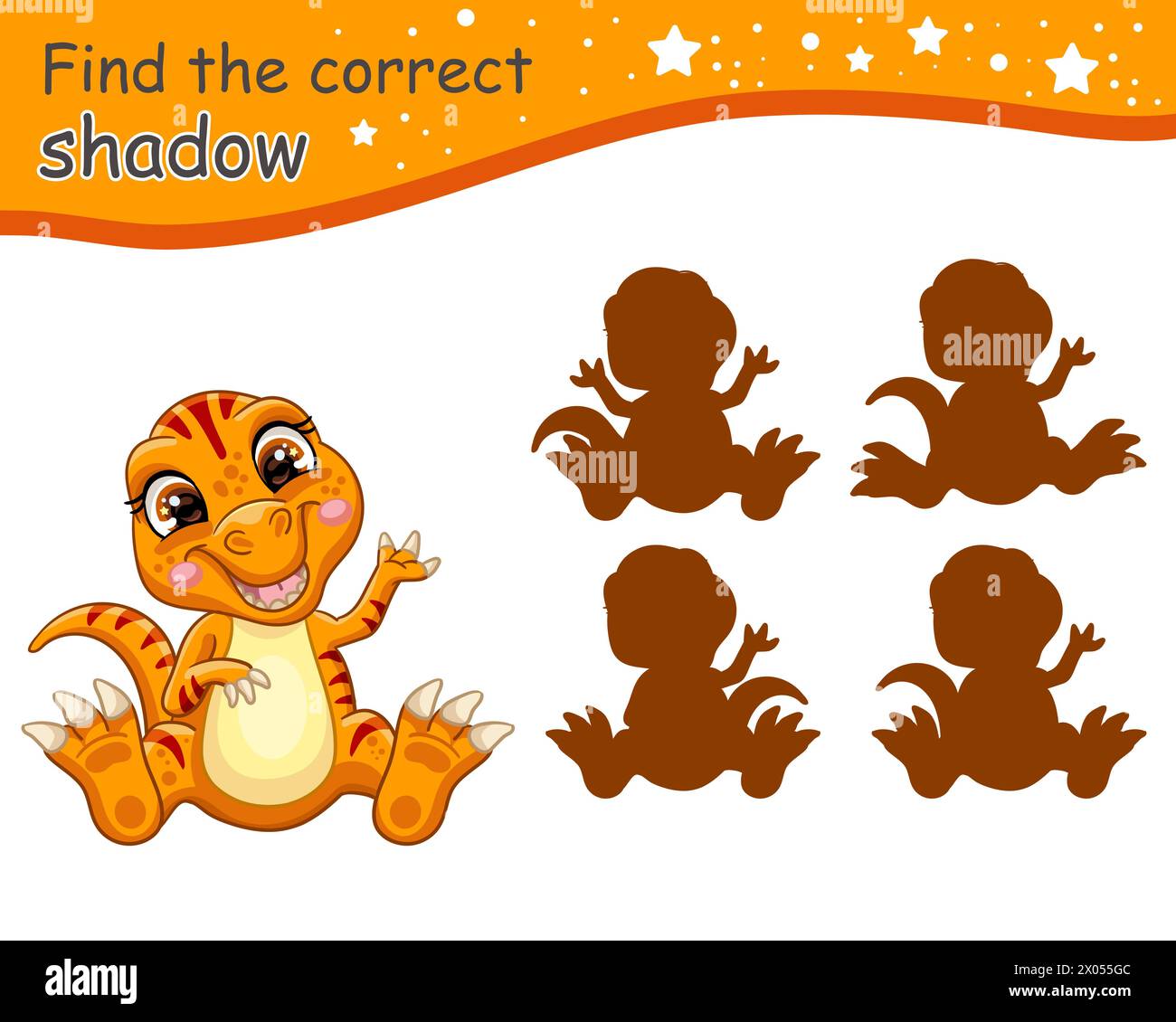 Find correct shadow. Cute cartoon baby Tyrannosaurus rex dinosaur. Educational matching game for children with cartoon character. Activity, logic game Stock Vector