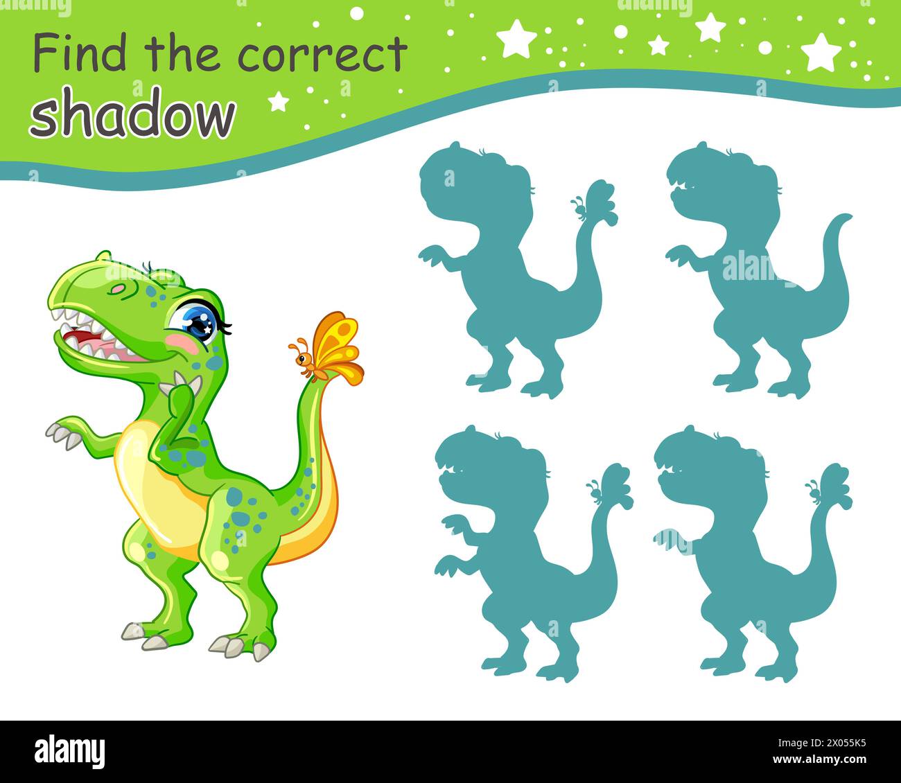 Find correct shadow. Cute cartoon Tyrannosaurus rex dinosaur. Educational matching game for children with cartoon character. Activity, logic game, lea Stock Vector