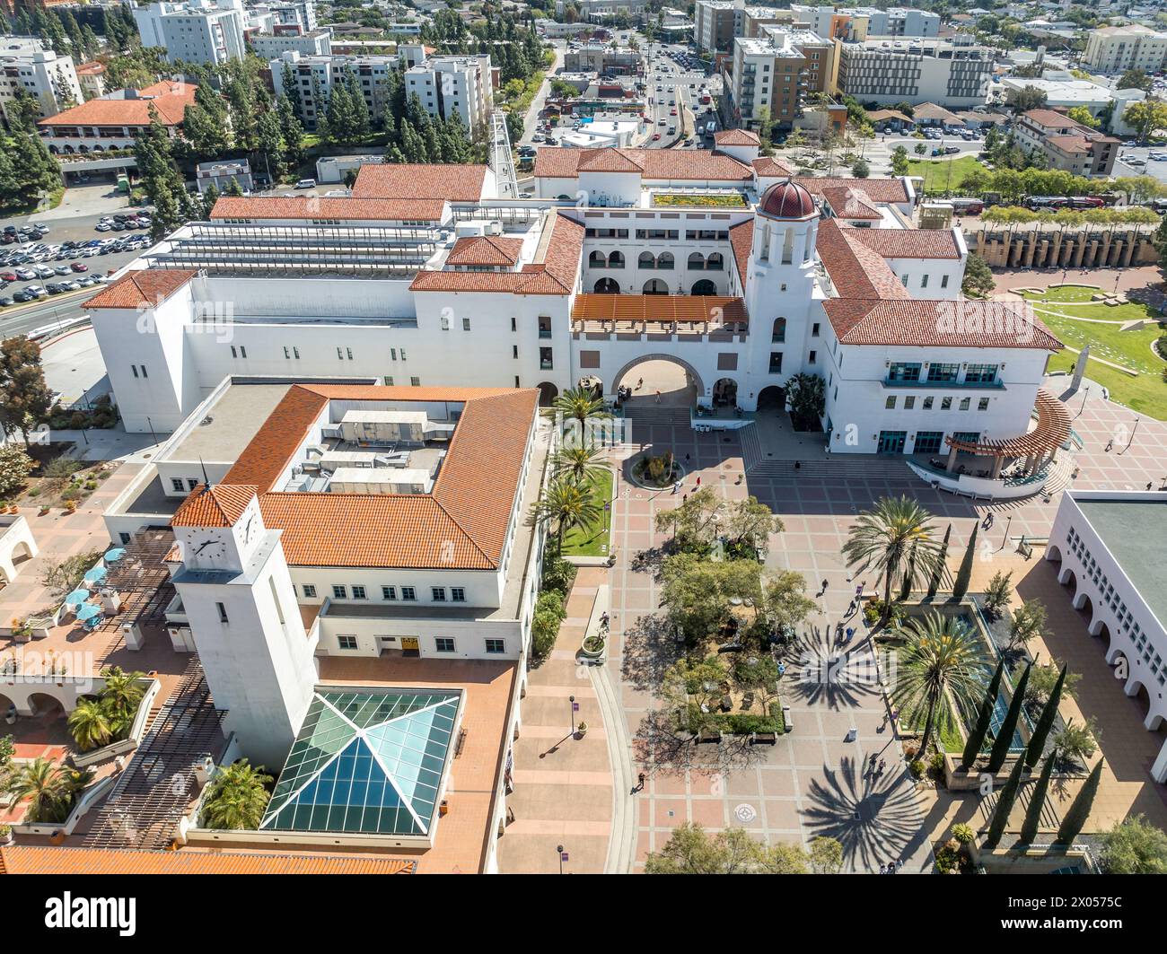 Aerial panorama view of San Diego State University, accredited public higher education institution with centennial plaza, aztec student union, Stock Photo