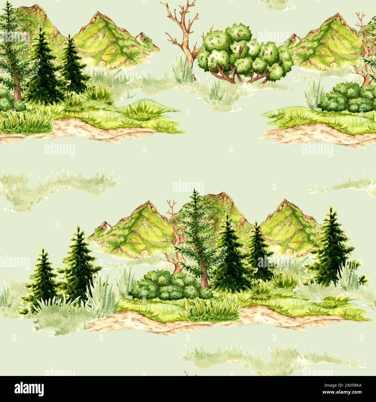 Watercolor illustration of a natural landscape isolated on a green ...