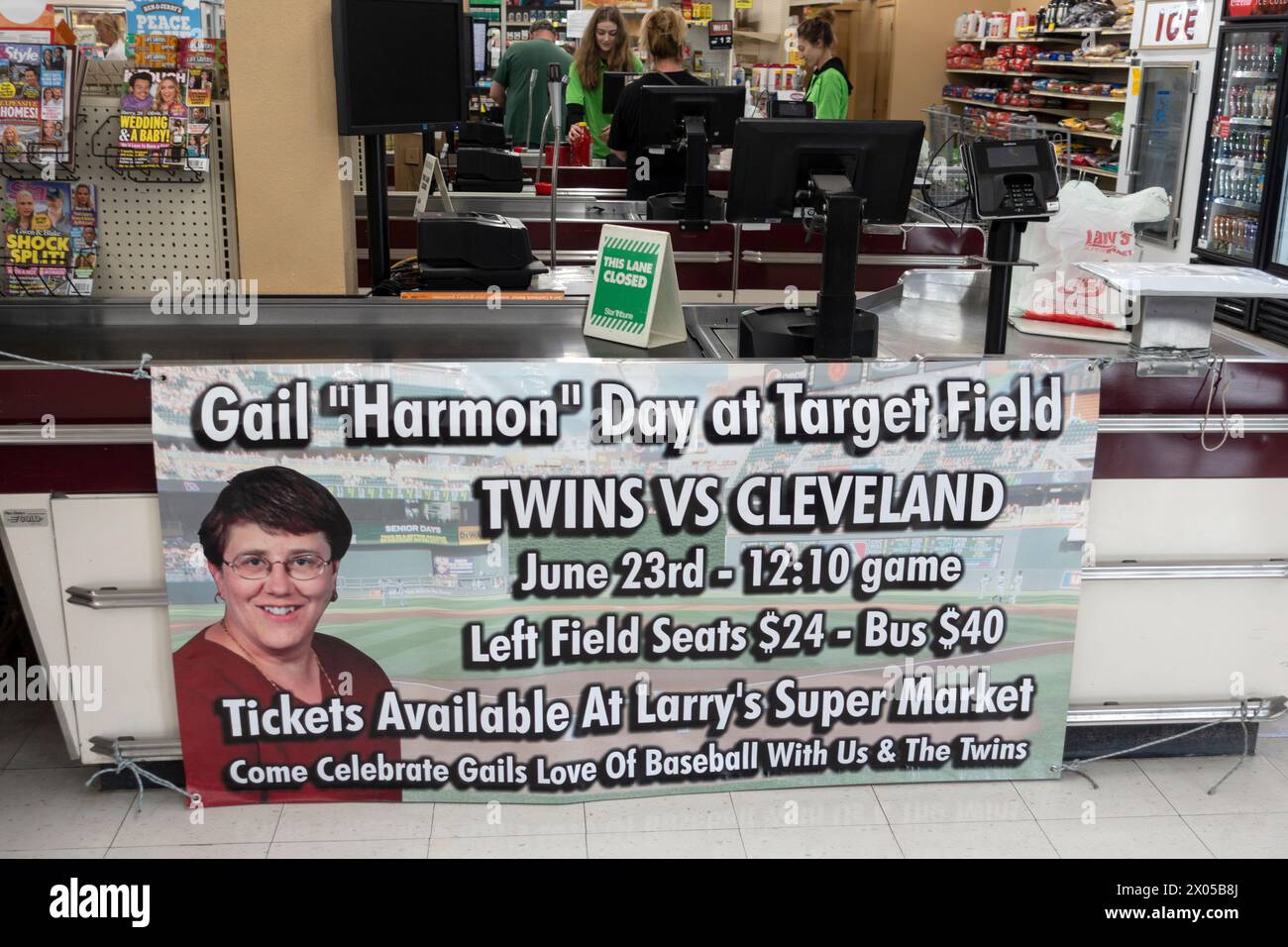 Tickets for the Twins Baseball game honoring Gail Harman at Larry's Super Market.  Battle Lake Minnesota MN USA Stock Photo