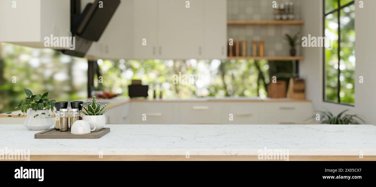A close-up image of a white marble kitchen tabletop or kitchen island with a space for display products in a contemporary white kitchen. 3d render, 3d Stock Photo