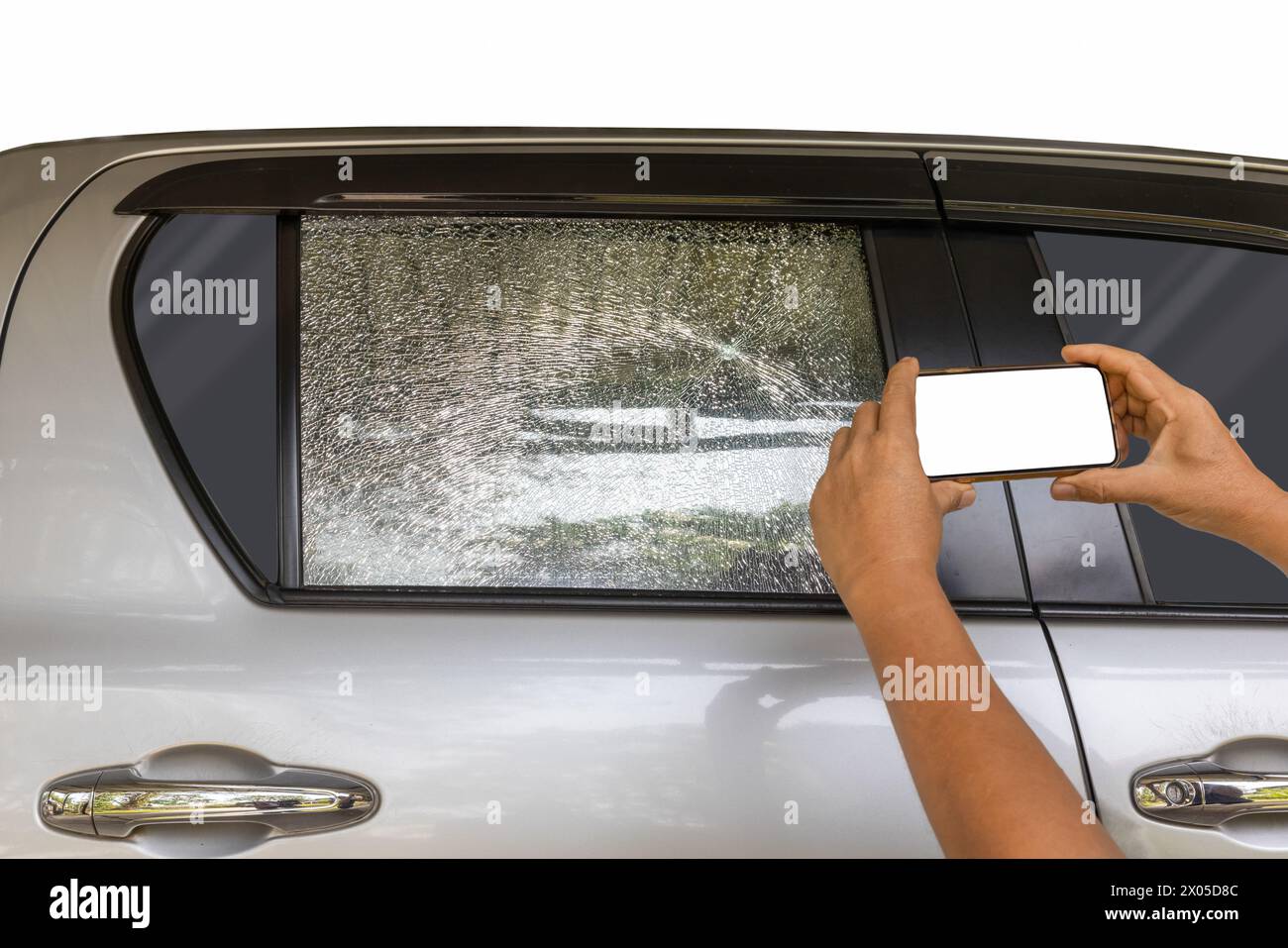 Cracked side car window glass on road . Damaged car window. Car ...