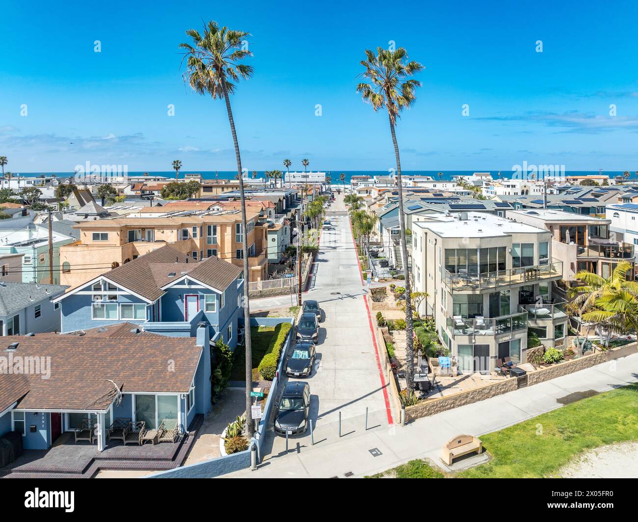 San Diego Mission Beach luxury vacation rental complex with palm trees, single family home with large terrace Stock Photo
