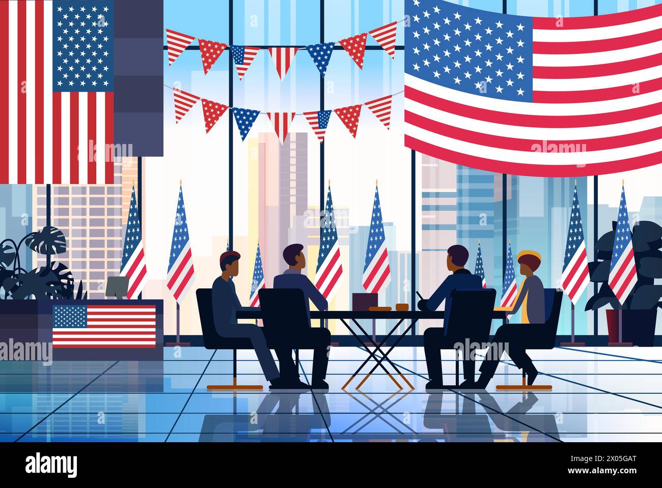 election day concept observers team counting results at round table modern office interior with USA flags horizontal Stock Vector
