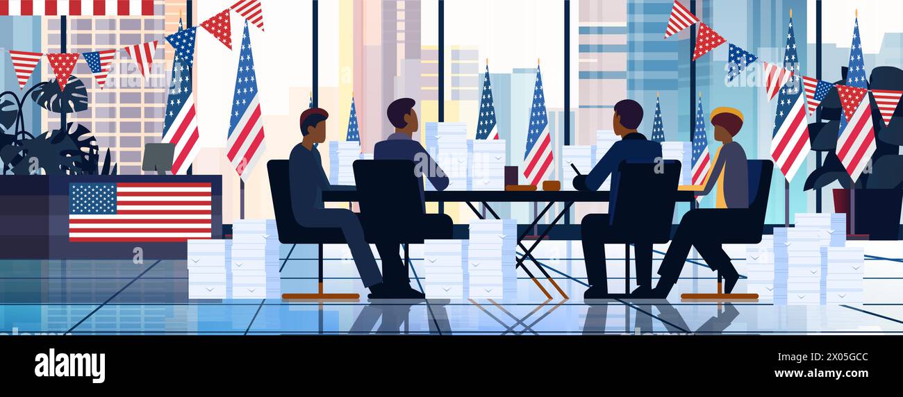 election day concept observers team counting results at round table modern office interior with USA flags horizontal Stock Vector