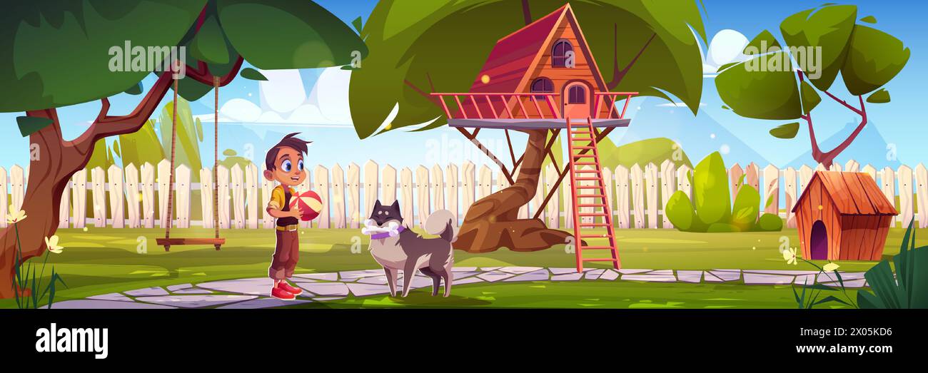 Backyard with children house on tree, swing and little kid boy with dog. Cartoon vector illustration summer suburban yard landscape with woods, grass and fence. Child with pet in country garden. Stock Vector