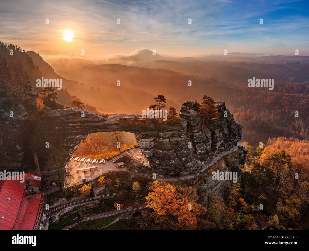 Hrensko, Czech Republic - Aerial panoramic view of the beautiful Pravcicka Brana (Pravcicka Gate) in Bohemian Switzerland National Park, the biggest n Stock Photo