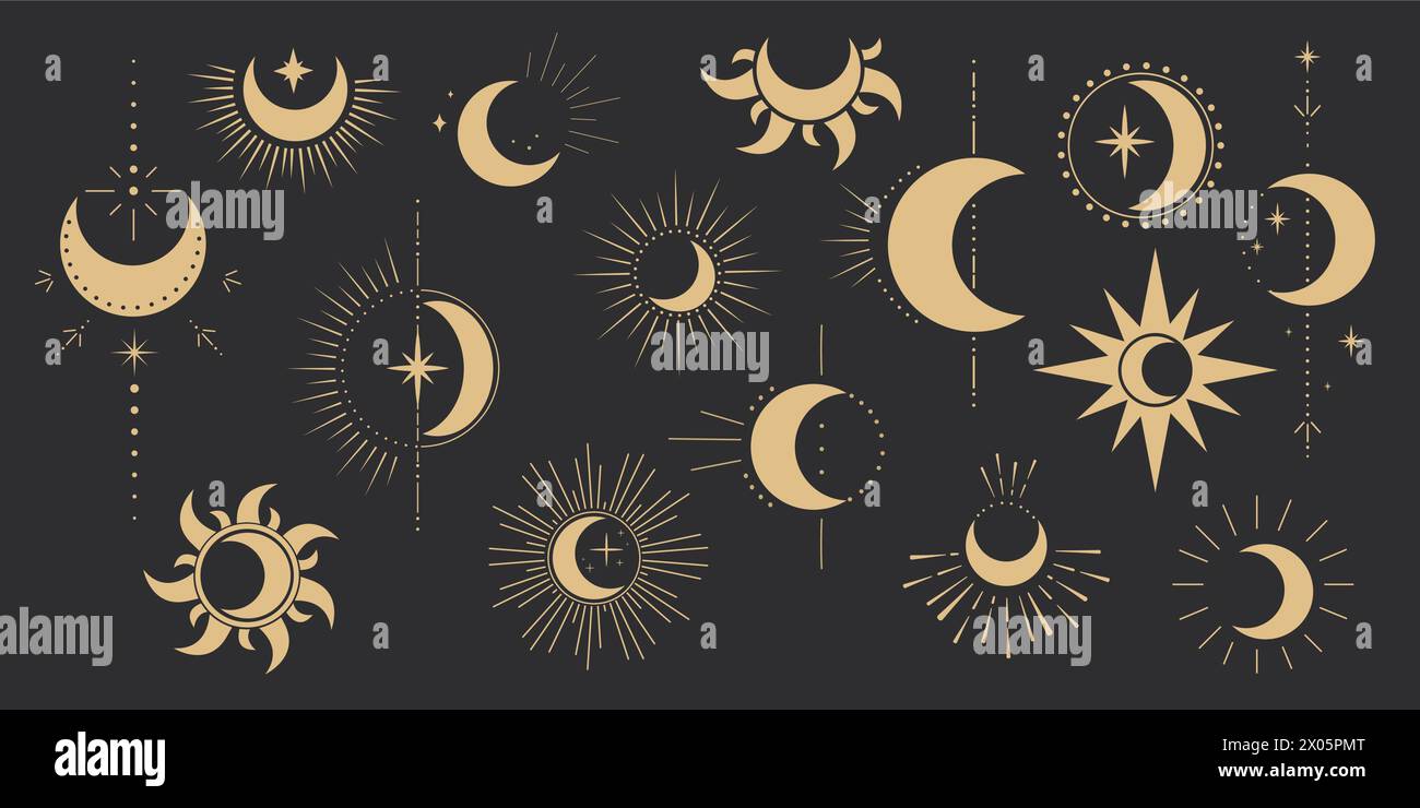 Set gold mystic moon celestial astrology magic element with rays, stars ...