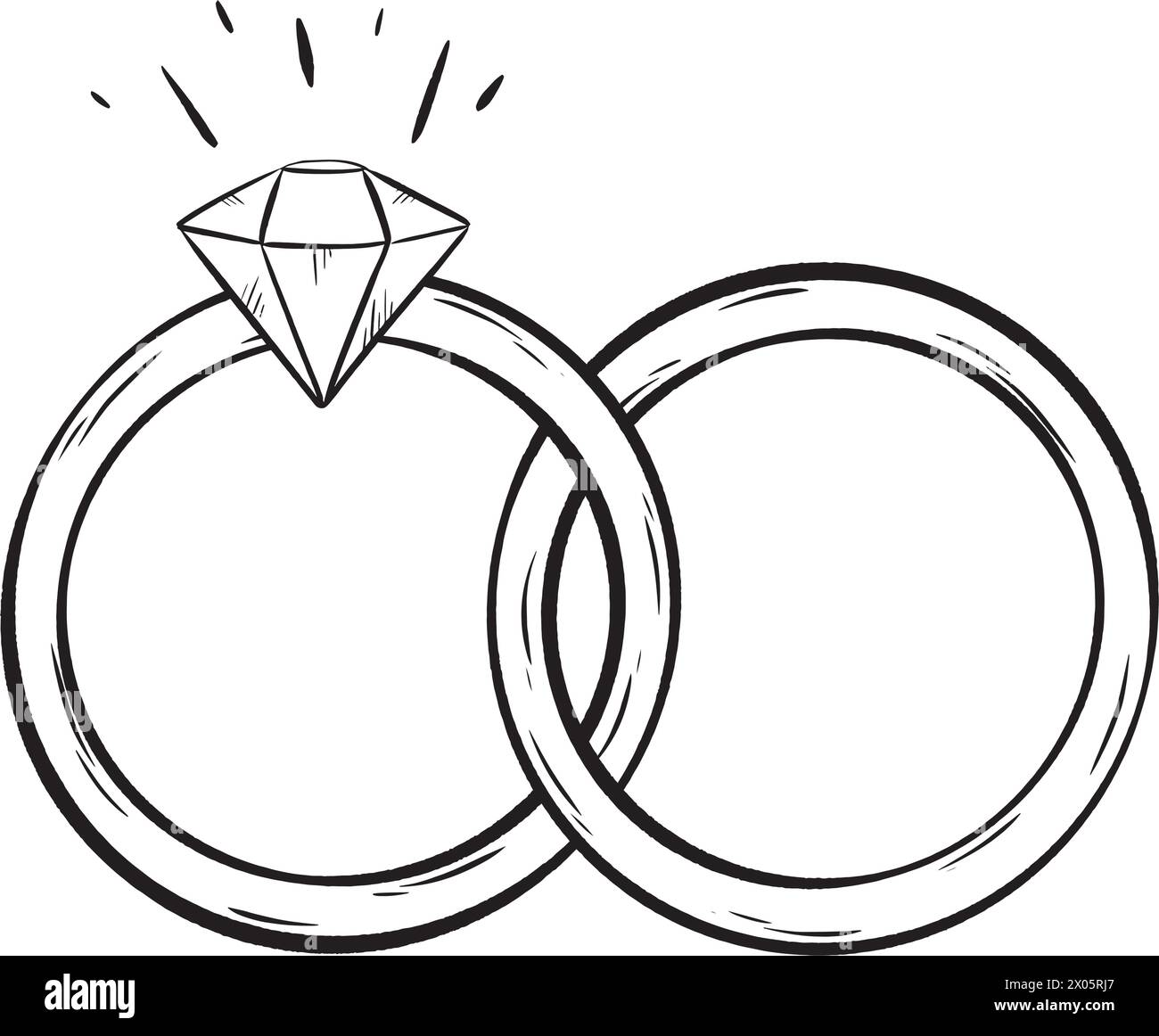 A black and white drawing of two wedding rings with a diamond in the middle Stock Vector