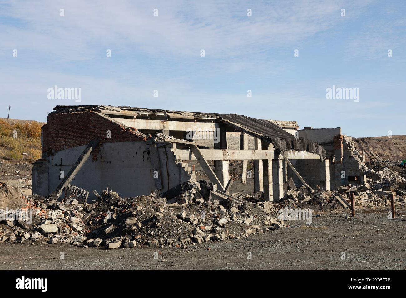 Russia. Kola Superdeep Borehole, destroyed buildings Stock Photo