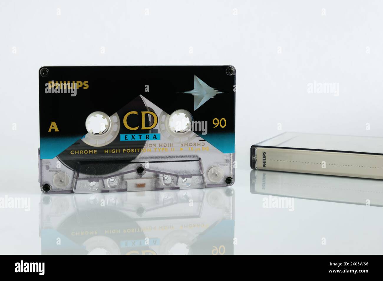 Audio cassette Philips CD Extra 90 on white background isolated with reflection Stock Photo