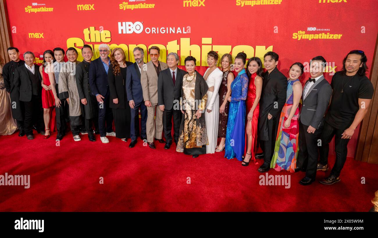 April 9, 2024, Los Angeles, California, U.S.: (L-R) Toan Le, Vy Le, Duy Nguyen, Phanxine, Viet Thanh Nguyen, Niv Fichman, Amanda Burrell, Don McKellar, Robert Downey Jr., Park Chan-wook, Kieu Chinh, Sandra Oh, Susan Downey, Nguyen Cao Ky Duyen, Kayli Tran, Tom Dang and Vyvy Nguyen attend the Los Angeles Premiere Of HBO Original Limited Series ''The Sympathizer' (Credit Image: © Billy Bennight/ZUMA Press Wire) EDITORIAL USAGE ONLY! Not for Commercial USAGE! Stock Photo