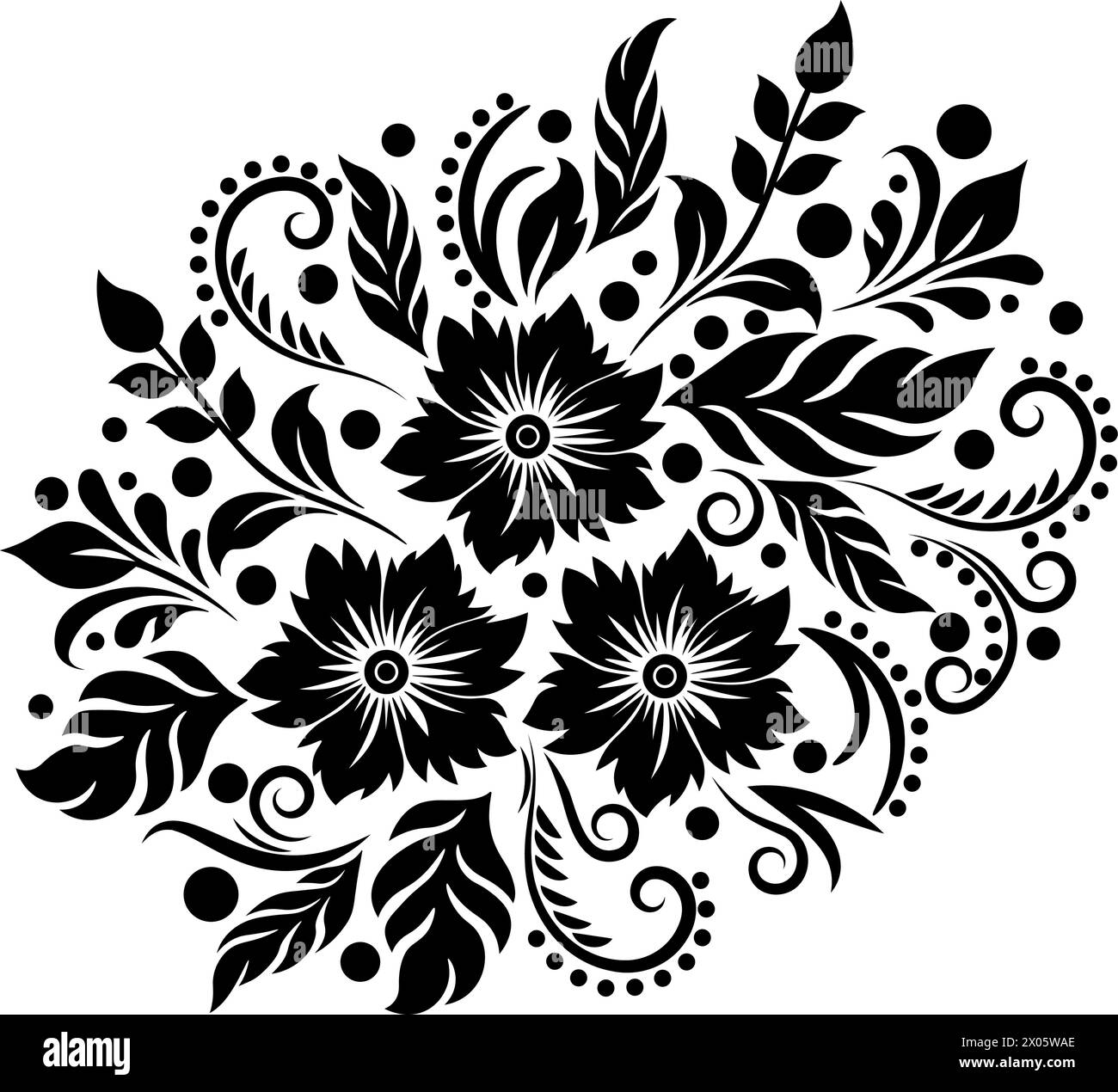 Intricate black and white design with floral elements, flowers and