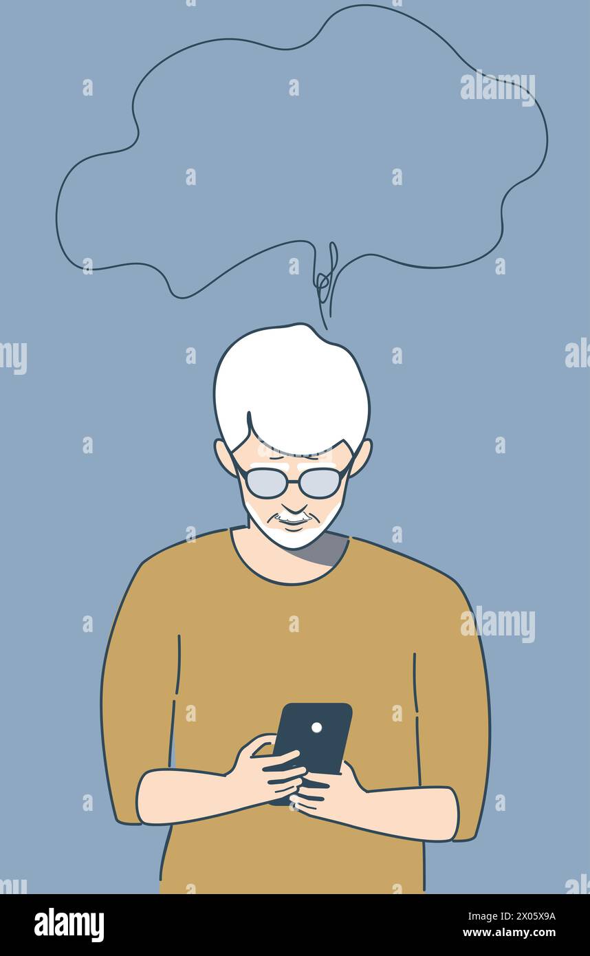 Flat style elder man holding smartphone in hands. Stock Vector