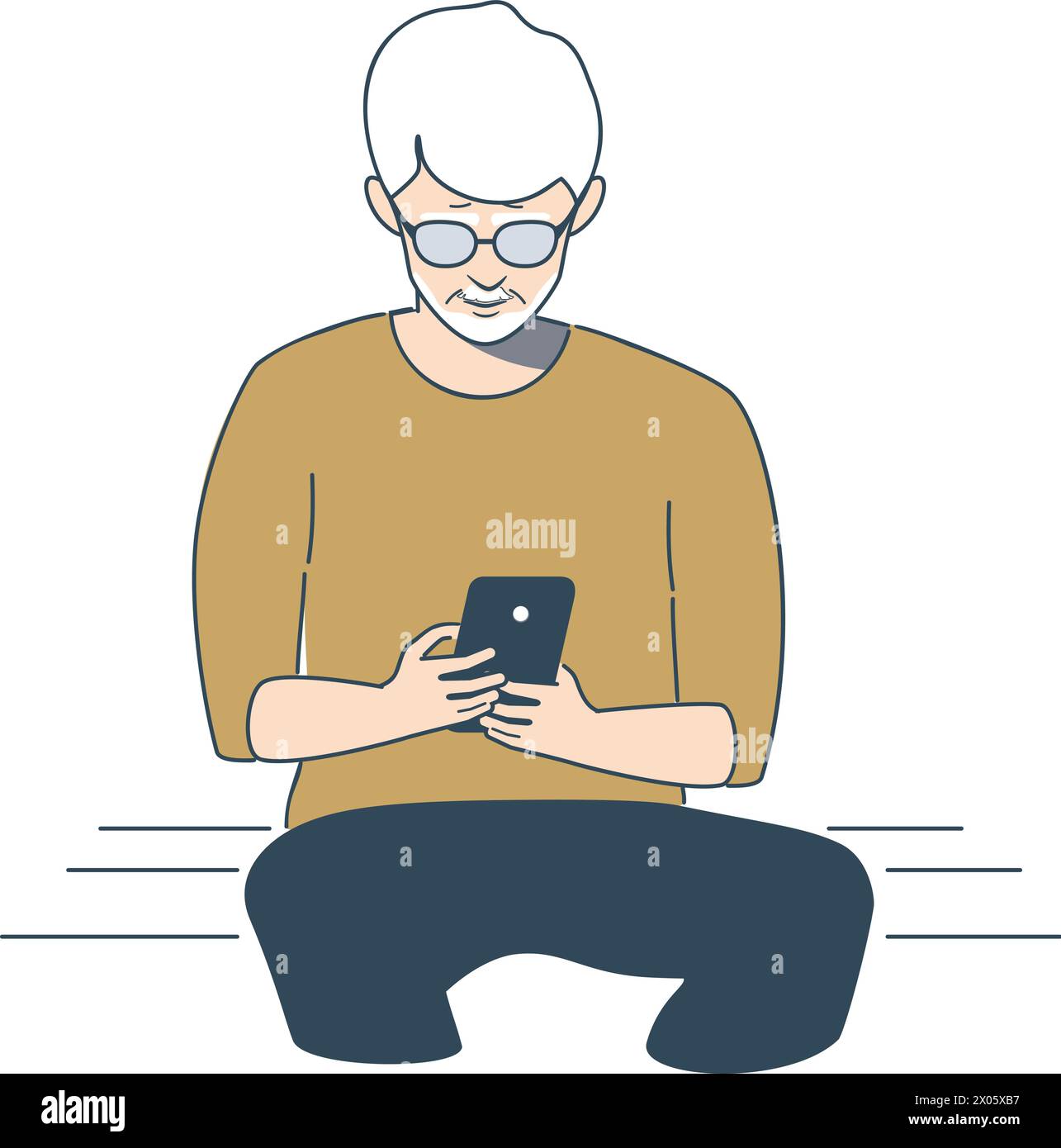 Flat style elder man holding smartphone in hands. Stock Vector